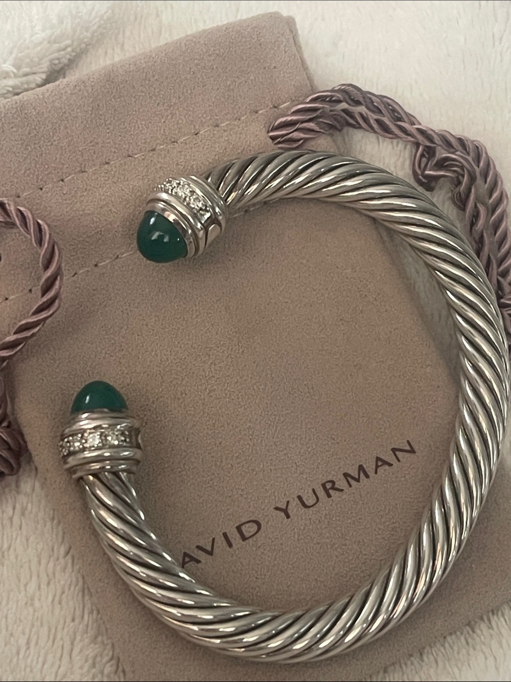 David Yurman Sterling Silver Cable Cuff with Green Gemstone Ends